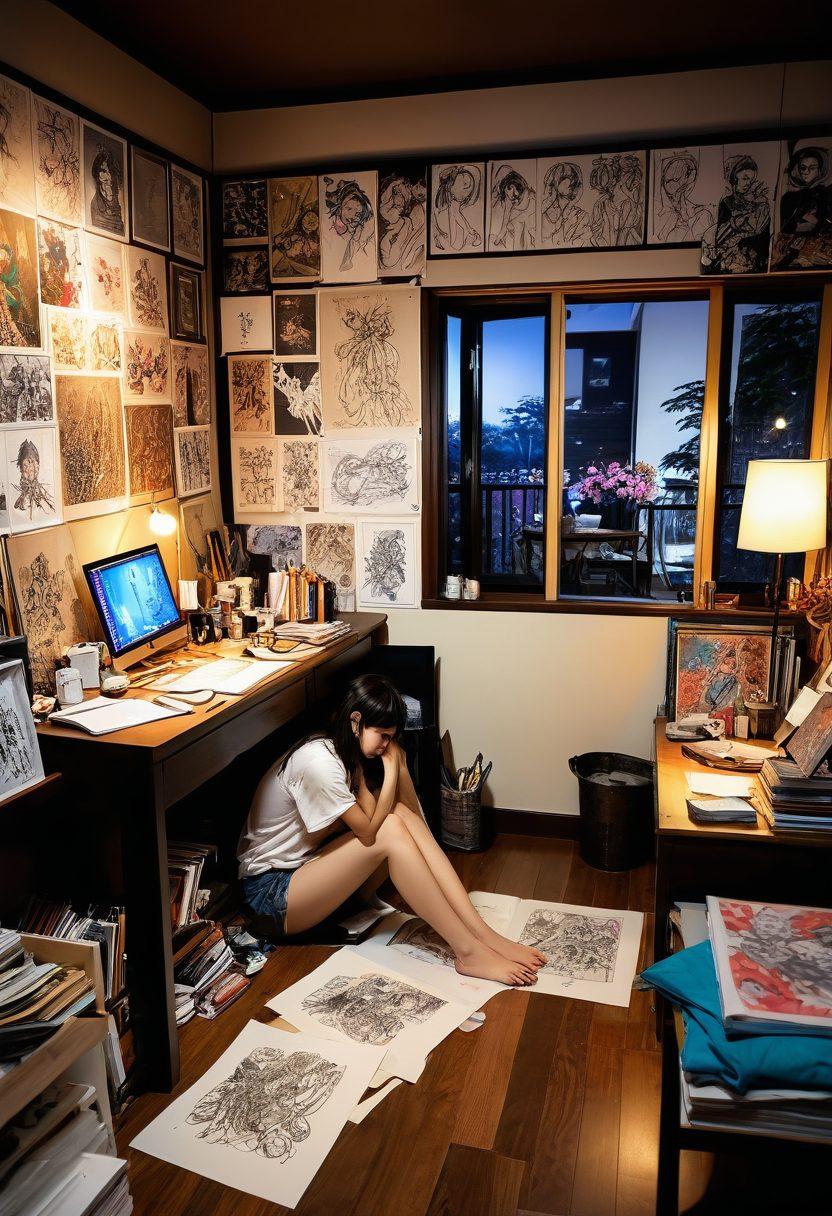 An intimate artist's studio filled with sketches and colorful manga pages, featuring a young artist passionately illustrating a dynamic hentai scene. Surrounding the artist are inspirations from classic Japanese culture, with subtle hints of erotica blending into the atmosphere, and soft lighting creating an inviting environment. The walls are adorned with various art pieces that highlight the evolution of hentai art. super-realistic. vibrant colors. soft focus.