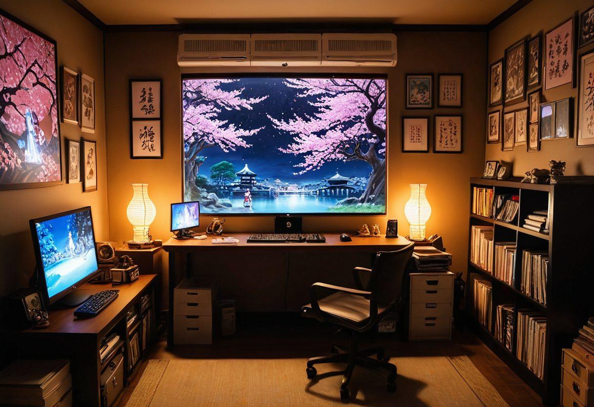 An artistic representation of an otaku's room filled with colorful anime posters, figurines, and a computer screen displaying adult anime. Soft lighting casts a warm glow, and the walls are adorned with intricate artwork. Include elements of Japanese culture such as cherry blossoms and a traditional lantern. The overall feel is cozy and immersive, inviting viewers into the world of hentai and anime culture. vibrant colors. anime style.